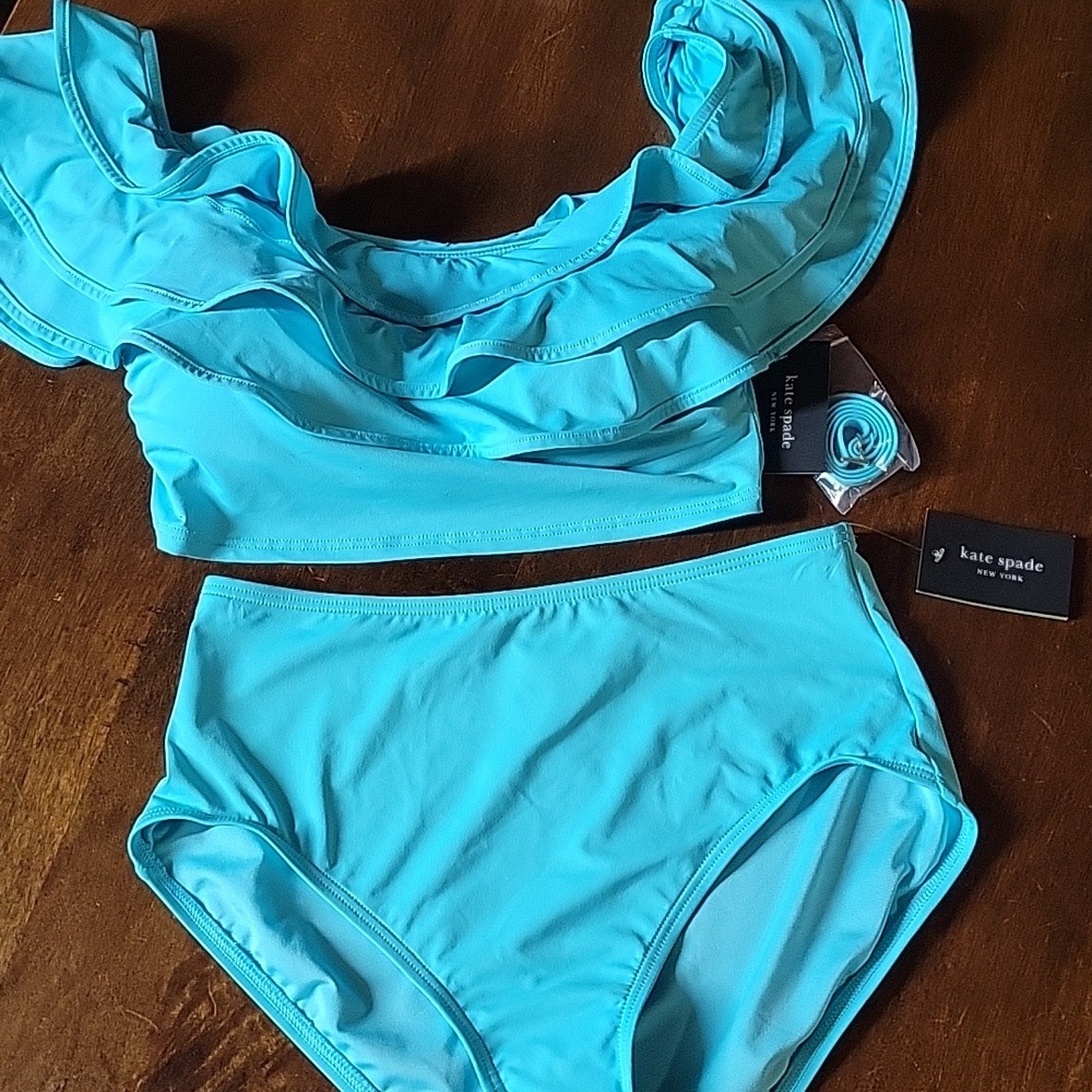 NWT Kate Spade Ruffle River Blue Off Shoulder Wireless Ruffle Bikini Set - Picture 3 of 5